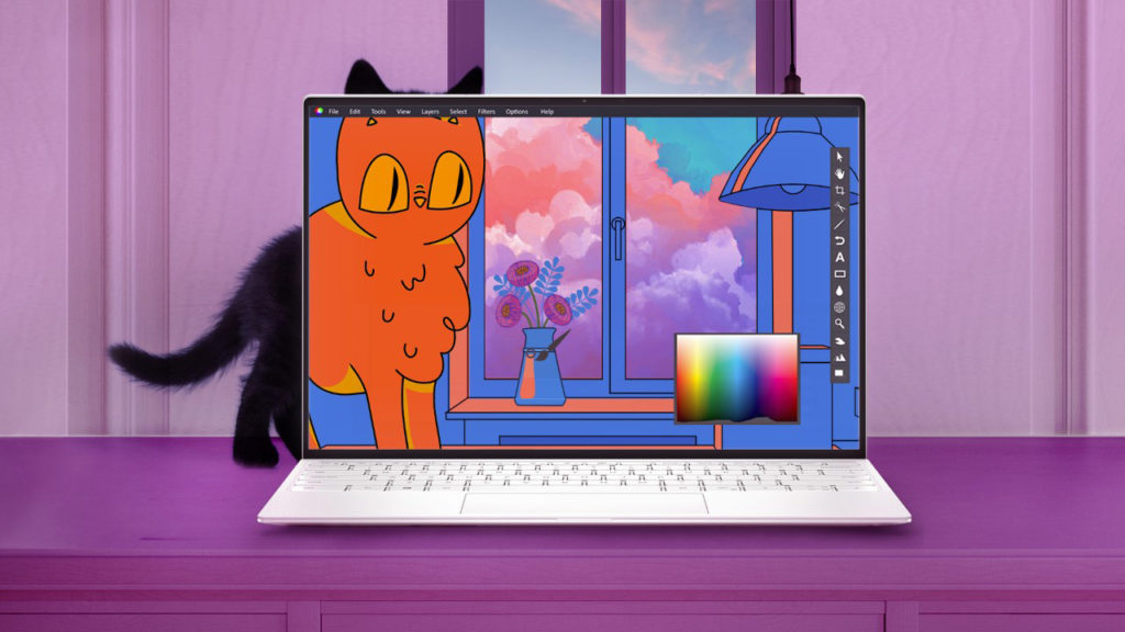 Kolorowa grafika z kotem wyświetlona na ekranie XPS-a 13 w białym wariancie kolorystycznym 